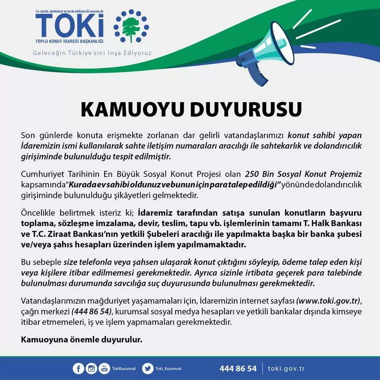 TOKİden dolandırıcılık uyarısı!